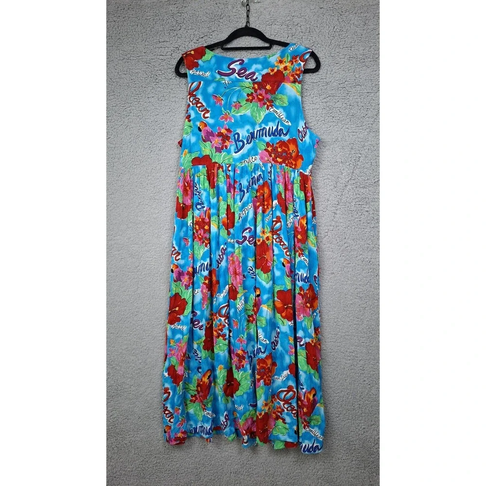 Vintage Carole Little Dress L Button Front Pleated Modest Maxi Boho Blue Tropics